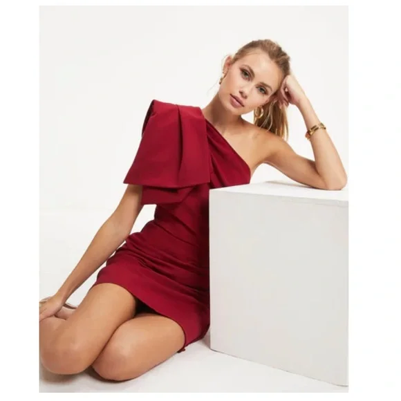 knee length dresses for ladies Satin Off-Shoulder Draped Mini Dress in True Red - 2 main image 1